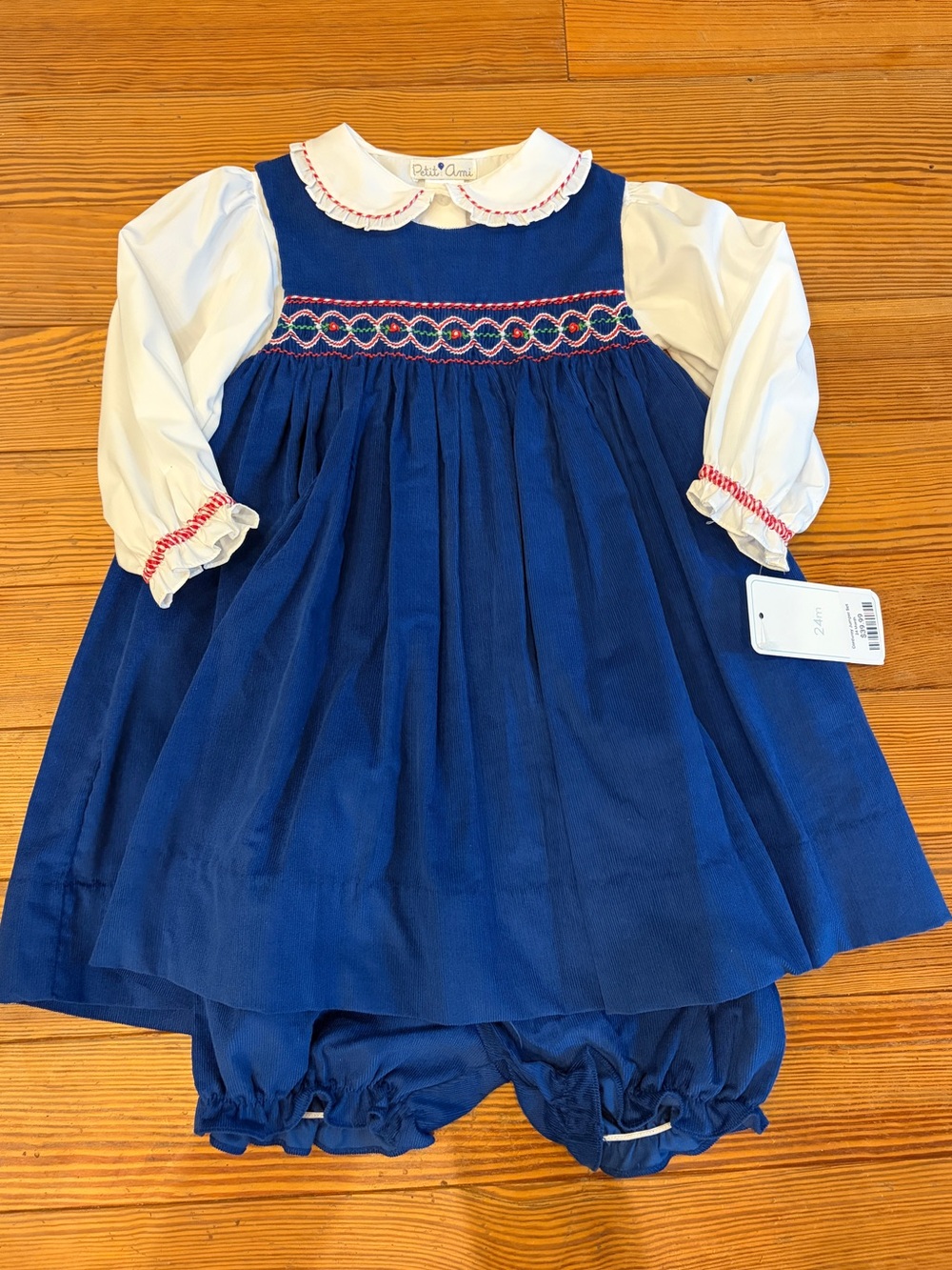 Petit Ami Blue and White Smocked Corduroy Dress with Bloomers